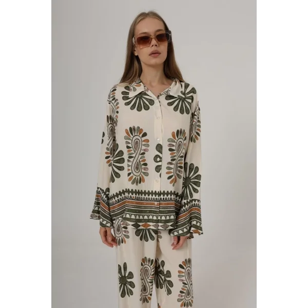 Desenli Kolları Volanlı Pantolon Takım - Haki