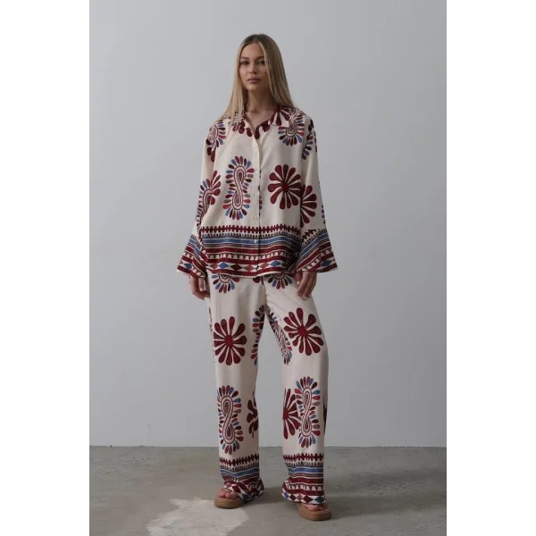 Desenli Kolları Volanlı Pantolon Takım - Kırmızı