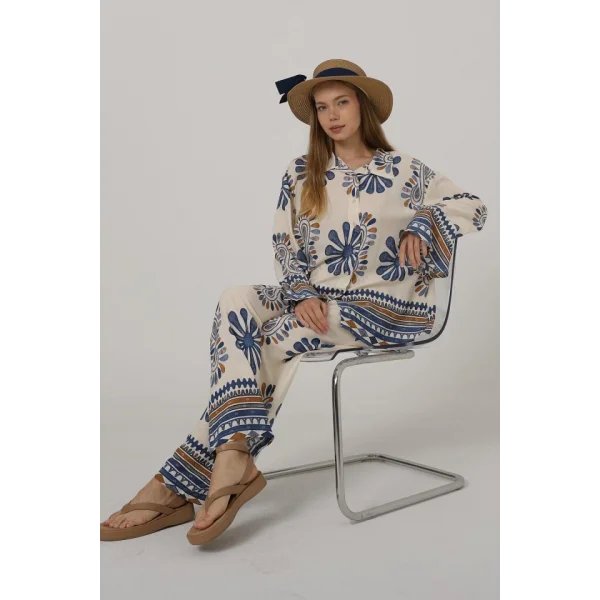 Desenli Kolları Volanlı Pantolon Takım - Mavi