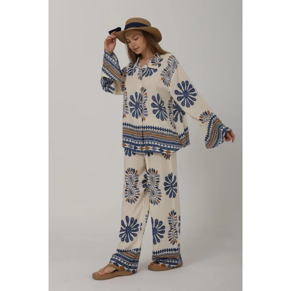 Desenli Kolları Volanlı Pantolon Takım - Mavi