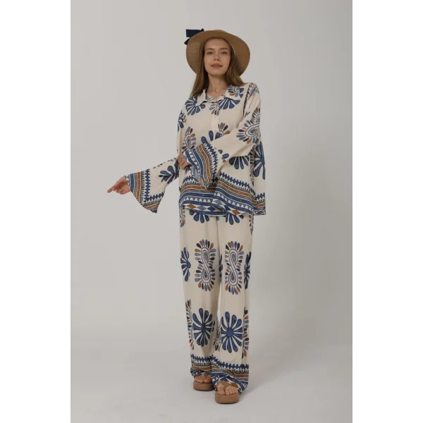 Desenli Kolları Volanlı Pantolon Takım - Mavi