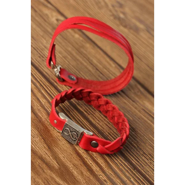 Desenli Metal Aksesuarlı Kırmızı Renk Deri Erkek Bileklik Kombin