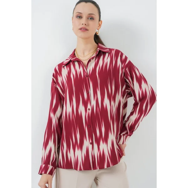 Desenli Oversize Gömlek 20301 - Kırmızı