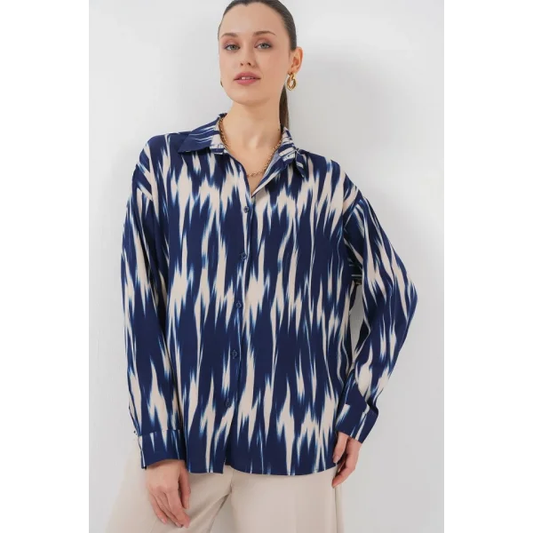 Desenli Oversize Gömlek 20301 - Lacivert