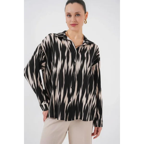 Desenli Oversize Gömlek 20301 - Siyah