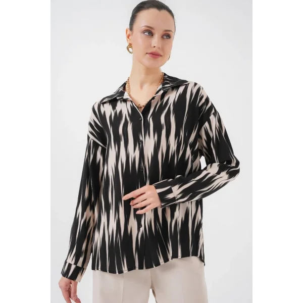 Desenli Oversize Gömlek 20301 - Siyah