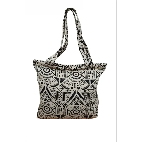 Desenli Piknik ve Deniz Cepli Fermuarlı Çanta - Beyaz