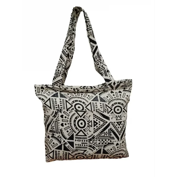 Desenli Piknik ve Deniz Cepli Fermuarlı Çanta - Beyaz