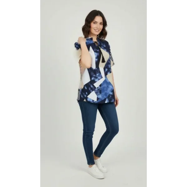 Desenli Püsküllü Viskon Bluz Bebe Yaka Kısa Kollu Big Size Rahat Kesim - Desenli