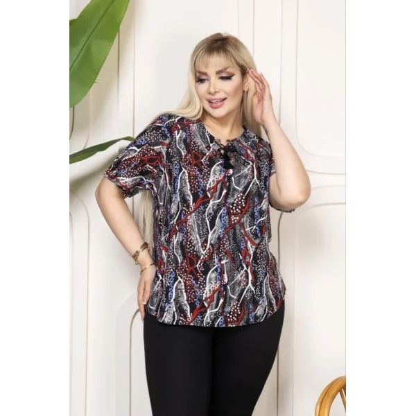 Desenli Püsküllü Viskon Bluz Bebe Yaka Kısa Kollu Big Size Rahat Kesim - Desenli