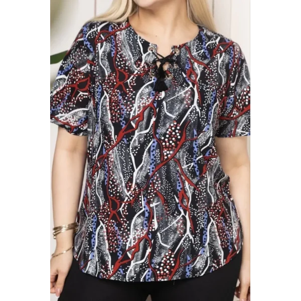 Desenli Püsküllü Viskon Bluz Bebe Yaka Kısa Kollu Big Size Rahat Kesim - Desenli