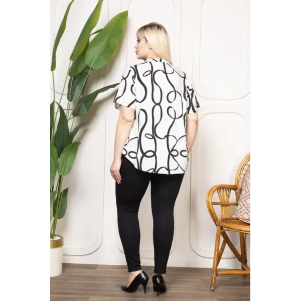 Desenli Püsküllü Viskon Bluz Bebe Yaka Kısa Kollu Big Size Rahat Kesim - Desenli