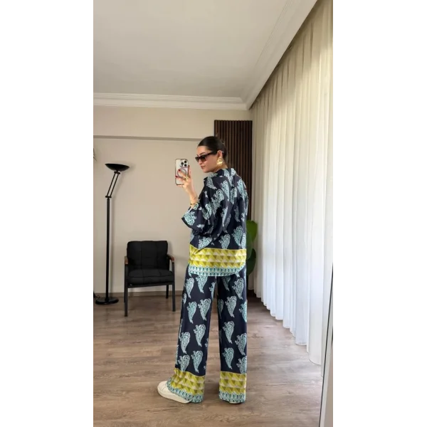 Desenli Saten Bol Takım - İndigo