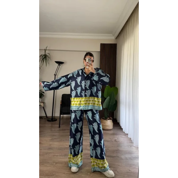 Desenli Saten Bol Takım - İndigo