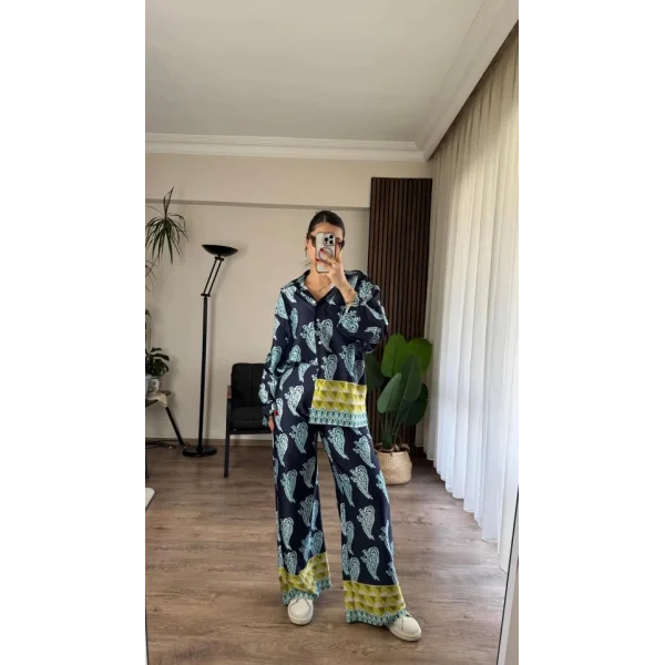 Desenli Saten Bol Takım - İndigo