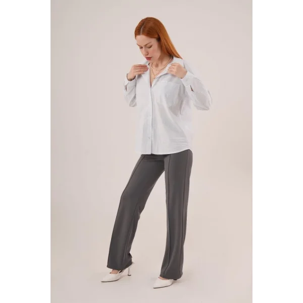 Desenli Tek Cepli Klasik Kesim Düğmeli Ekru Gömlek