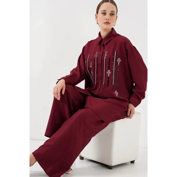 Desenli Tunik Pantolon İkili Takım 6720 - Bordo