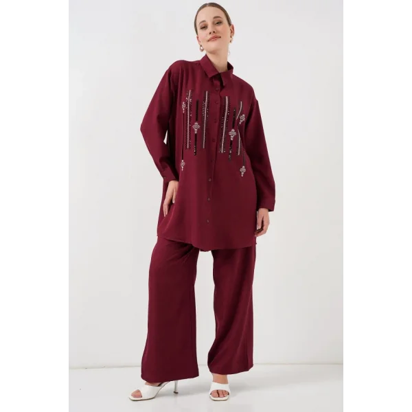 Desenli Tunik Pantolon İkili Takım 6720 - Bordo