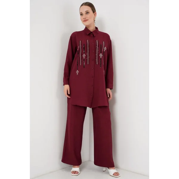 Desenli Tunik Pantolon İkili Takım 6720 - Bordo
