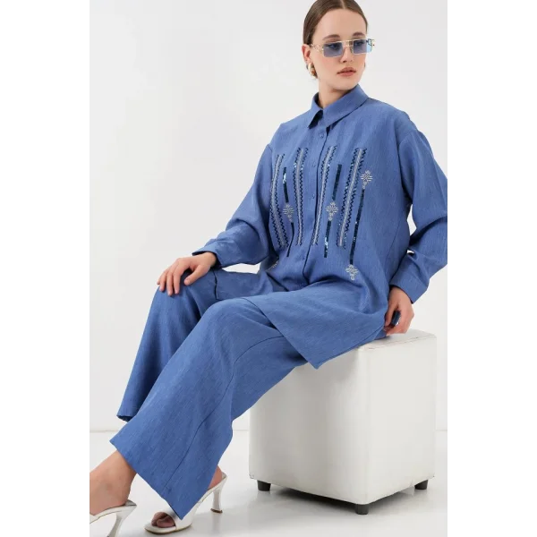 Desenli Tunik Pantolon İkili Takım 6720 - İndigo