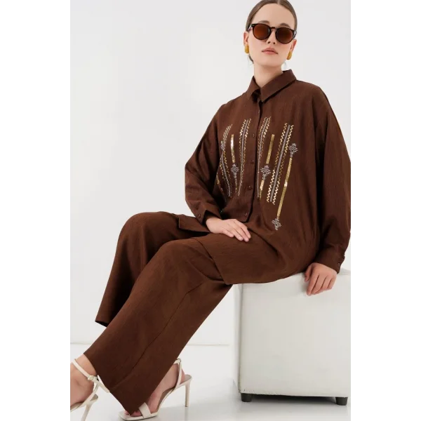 Desenli Tunik Pantolon İkili Takım 6720 - Kahverengi