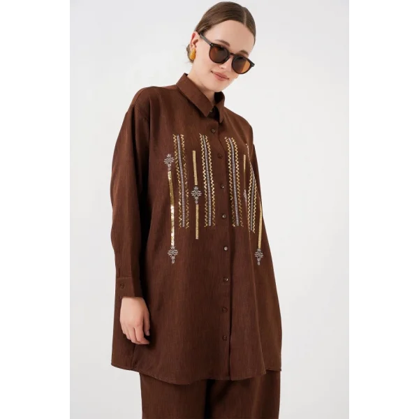 Desenli Tunik Pantolon İkili Takım 6720 - Kahverengi