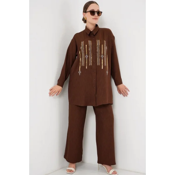 Desenli Tunik Pantolon İkili Takım 6720 - Kahverengi