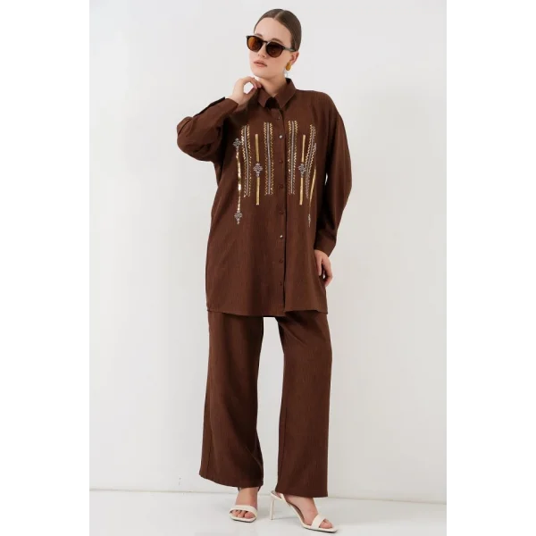 Desenli Tunik Pantolon İkili Takım 6720 - Kahverengi