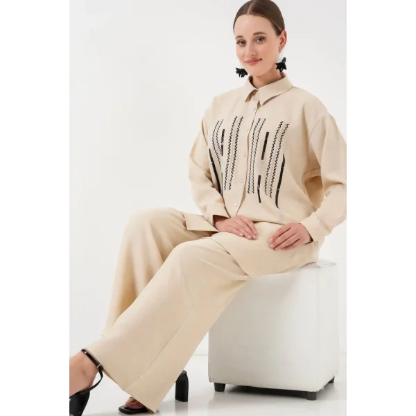 Desenli Tunik Pantolon İkili Takım 6720 - Krem