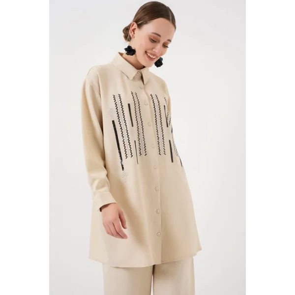 Desenli Tunik Pantolon İkili Takım 6720 - Krem