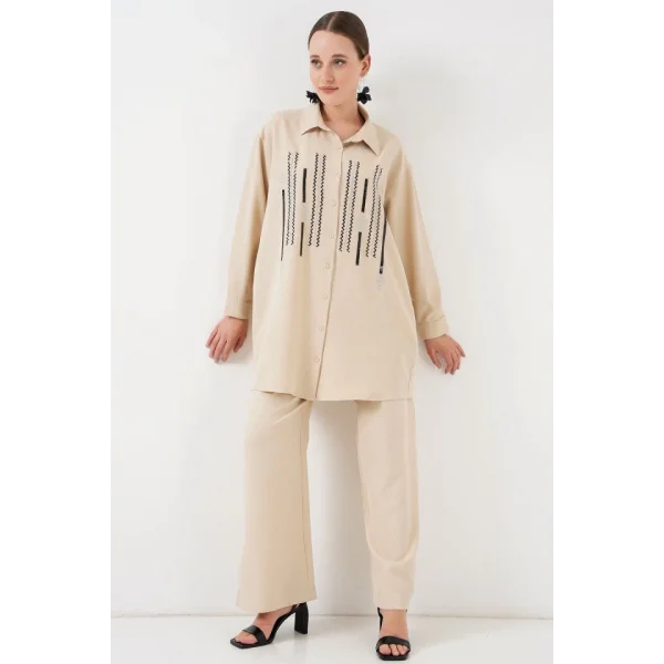 Desenli Tunik Pantolon İkili Takım 6720 - Krem