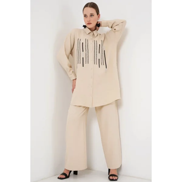 Desenli Tunik Pantolon İkili Takım 6720 - Krem
