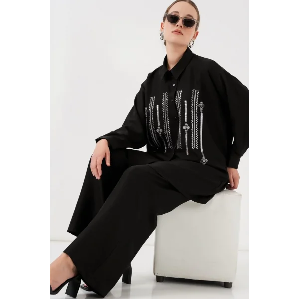 Desenli Tunik Pantolon İkili Takım 6720 - Siyah