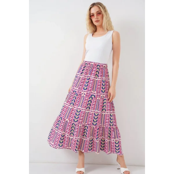 Desenli Uzun Etek 8053 - Fuşya