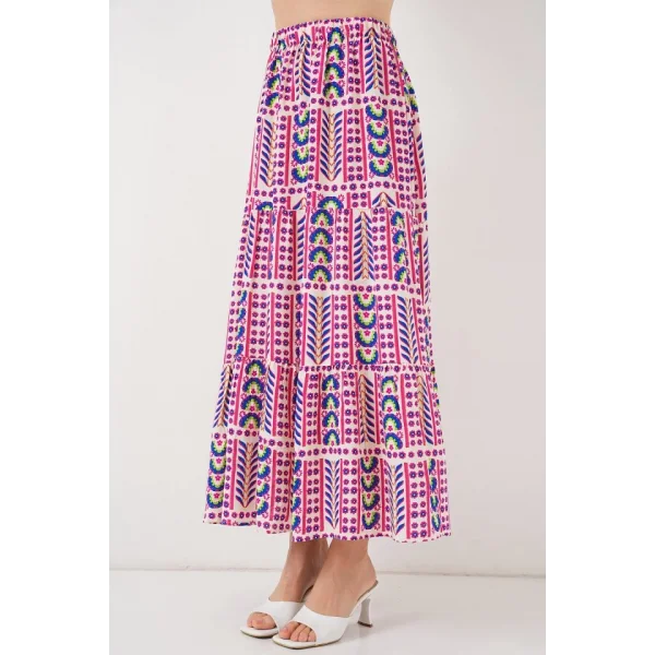 Desenli Uzun Etek 8053 - Fuşya