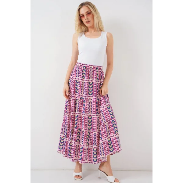 Desenli Uzun Etek 8053 - Fuşya