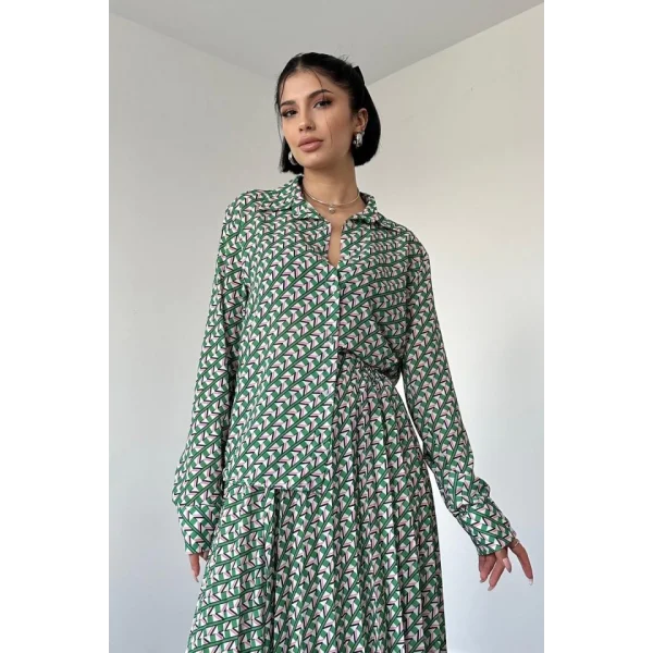 Desenli Viskon Gömlek Ve Etek Takım  Yeşil