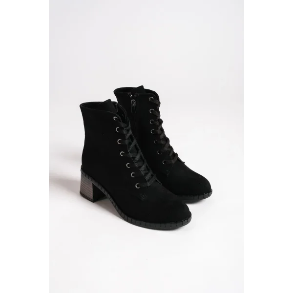 DIANA Bağcıklı Fermuarlı Ortopedik Taban Topuklu Süet Kadın Bot  SST - Siyah