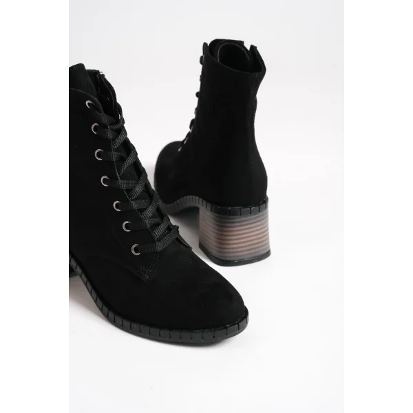 DIANA Bağcıklı Fermuarlı Ortopedik Taban Topuklu Süet Kadın Bot  SST - Siyah