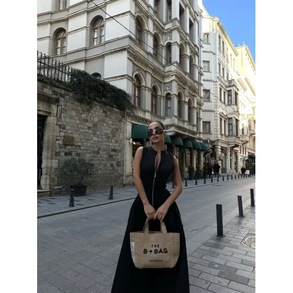 Dik Yuvarlak Yaka Önden Fermuarlı Sifir Kol Beli Oturtmalı Kolsuz Cepli Çan Etekli Uzun Elbise - Siyah