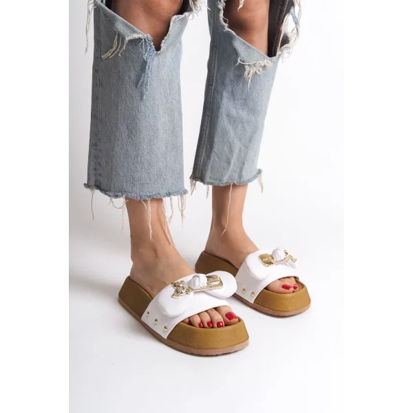 DILA Kalın ve Ortopedik Taban Ayıcıklı Saten Kadın Terlik  SKT - Beyaz