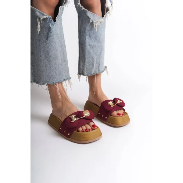 DILA Kalın ve Ortopedik Taban Ayıcıklı Saten Kadın Terlik  SKT - Bordo