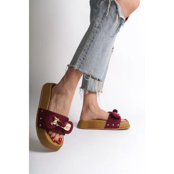 DILA Kalın ve Ortopedik Taban Ayıcıklı Saten Kadın Terlik  SKT - Bordo