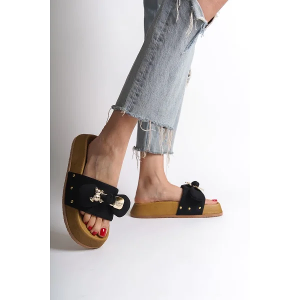 DILA Kalın ve Ortopedik Taban Ayıcıklı Saten Kadın Terlik  SKT - Siyah