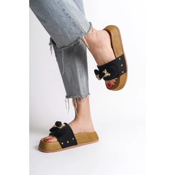 DILA Kalın ve Ortopedik Taban Ayıcıklı Saten Kadın Terlik  SKT - Siyah