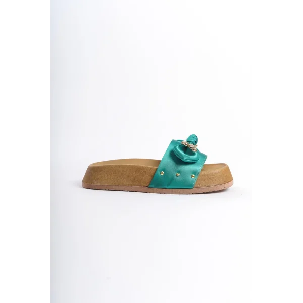 DILA Kalın ve Ortopedik Taban Ayıcıklı Saten Kadın Terlik  SKT - Yeşil