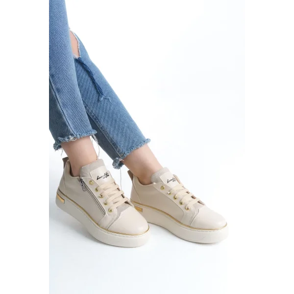 DINA Bağcıklı Fermuarlı Ortopedik Taban Kadın Sneaker Spor Ayakkabı  CKT - Krem/Altın