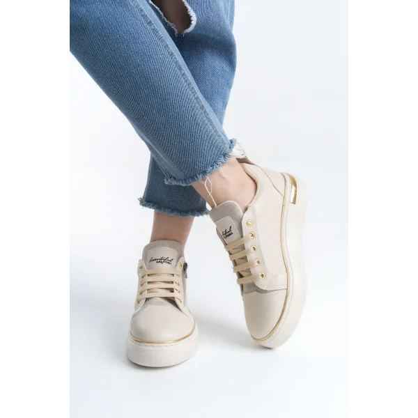 DINA Bağcıklı Fermuarlı Ortopedik Taban Kadın Sneaker Spor Ayakkabı  CKT - Krem/Altın