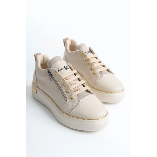DINA Bağcıklı Fermuarlı Ortopedik Taban Kadın Sneaker Spor Ayakkabı  CKT - Krem/Altın