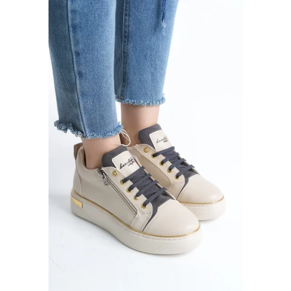 DINA Bağcıklı Fermuarlı Ortopedik Taban Kadın Sneaker Spor Ayakkabı  CKT - Krem/Gri/Altın